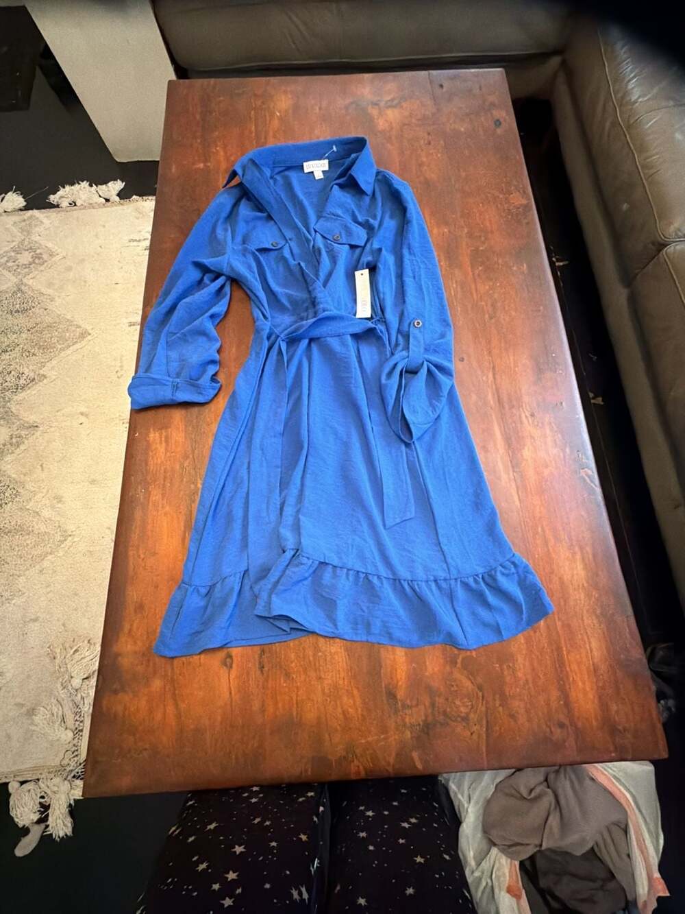 Luxology Blue Long Sleeve Belted Ruffle Hem Shirt Dress Size L - Picture 4 of 6